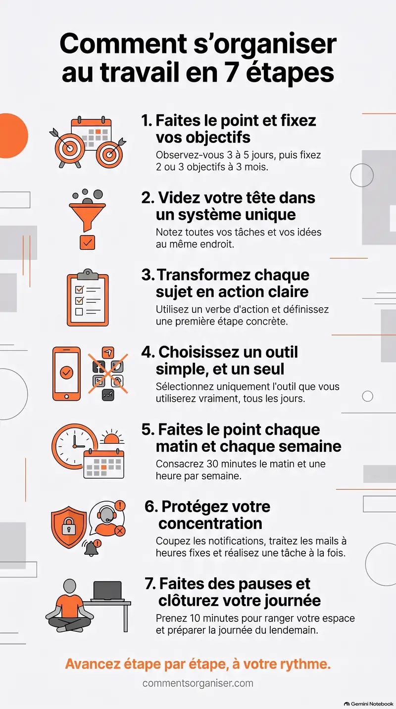 Infographie des 7 étapes pour s'organiser au travail : objectifs, système unique, actions claires, outil, point quotidien, concentration, pauses